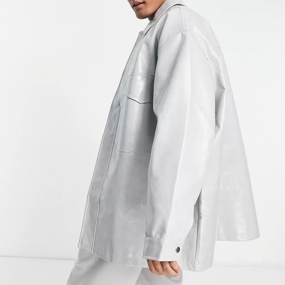 NEW MENS ASOS DESIGN ICY GRAY FAUX LEATHER CROC OVERSIZED SHACKET SIZE MEDIUM - Picture 13 of 15